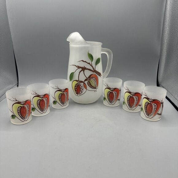 Vintage Gay Fad Hazel Atlas Frosted Pitcher Glass Set Stone Fruit Hand-Painted - Picture 1 of 11